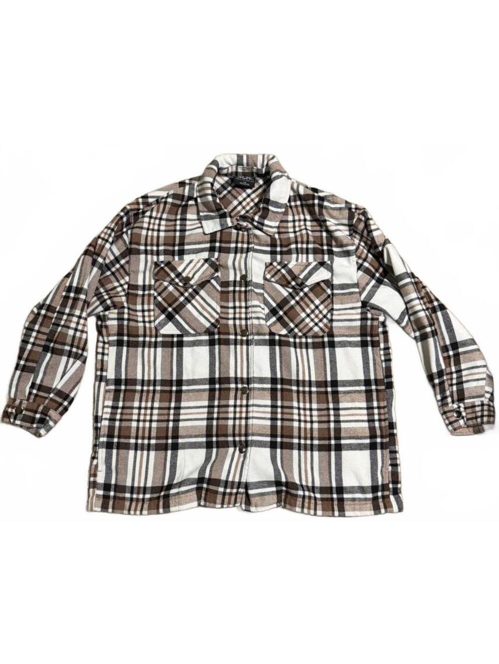 HFX Brown and White Plaid Button-Up Shirt Jacket L/G